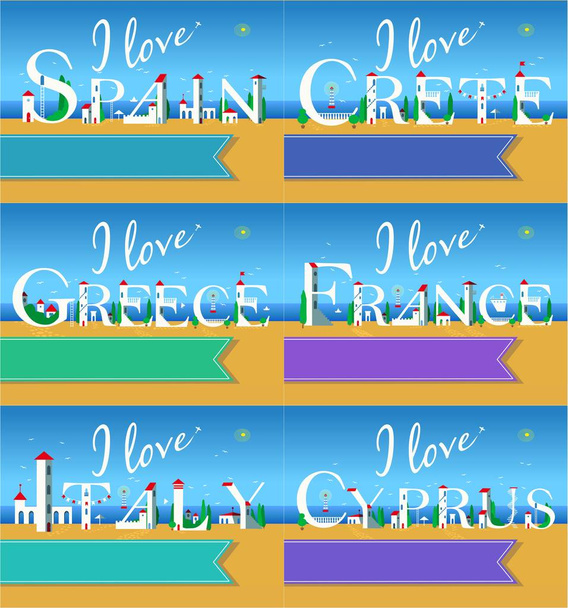 I love Spain, Crete, Greece, France, Italy, Cyprus. Travel cards. Letters are as White buildings on the summer beach. Colorful banners for custom texts. Plane in the sky. - Photo, Image
