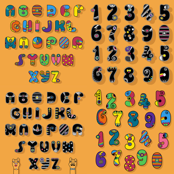 Buchstaben und Zahlen. bunte und schwarze Vintage-Disco-Alphabete mit hellem Dekor. Karikaturenhände, die sich anschauen. Illustration - Foto, Bild