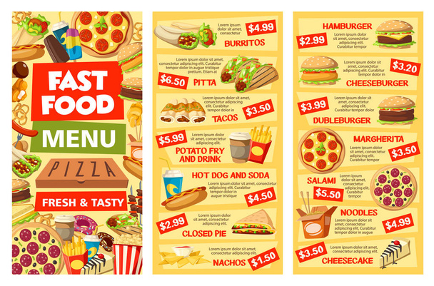 Fastfood menu banners takeaway food and prices - Vector, Image