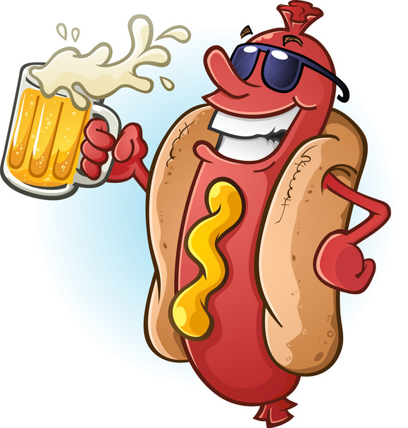 Hot Dog Cartoon Wearing Sunglasses and Drinking Beer - Vector, Image