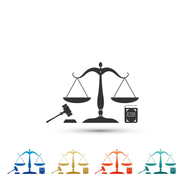 Κλίμακες της δικαιοσύνης, σφυρί και βιβλίο εικονίδιο που απομονώνονται σε λευκό φόντο. Σύμβολο του νόμου και της δικαιοσύνης. Νομικού δικαίου και δημοπρασία σύμβολο. Ορίστε στοιχεία σε χρωματιστές εικόνες. Επίπεδη σχεδίαση. Εικονογράφηση διάνυσμα - Διάνυσμα, εικόνα