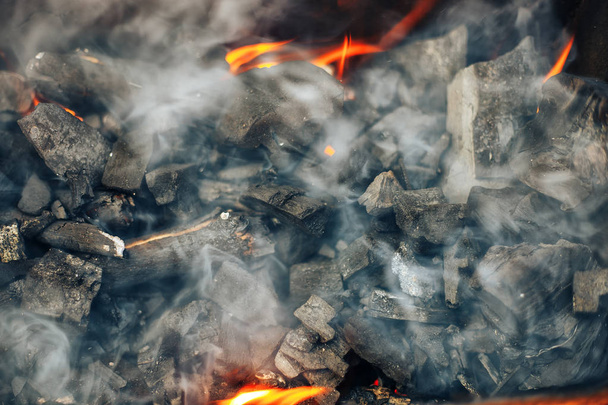 Kömürün üstünde ateş. Şiş Kebap için yangın hazırlanması. piknik. Açık rekreasyon - Fotoğraf, Görsel