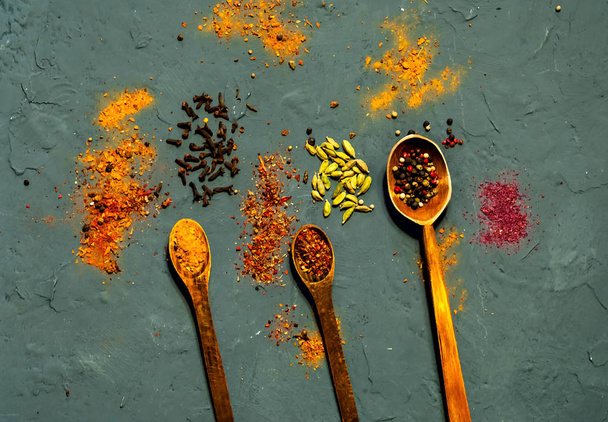 Wooden spoons and ingredients on dark blue concrete background. Vegetarian food, assortment of indian spices, close up, copy space - Foto, afbeelding