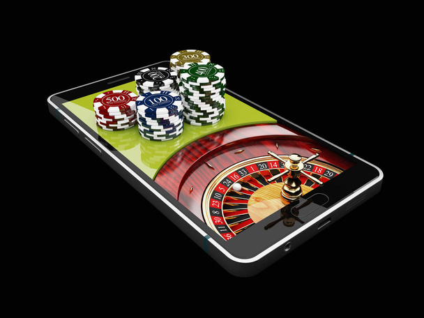 Online εφαρμογή Internet καζίνο, ρουλέτα με μάρκες στο τηλέφωνο, τα τυχερά παιχνίδια παιχνίδια του καζίνο. 3D απεικόνιση. - Φωτογραφία, εικόνα