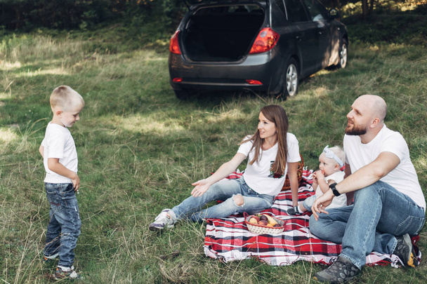 Les jeunes couples avec leurs petits enfants pique-niquent en forêt, concept de week-end familial, quatre personnes profitent de l'été
 - Photo, image