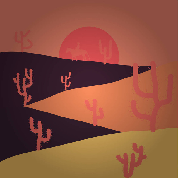 Background on orange, purple and yellow colors. Vector illustration. Desert Landscape with Cactus and Mountains. Flat Design Style. Scenic sandstones. - Vector, Image