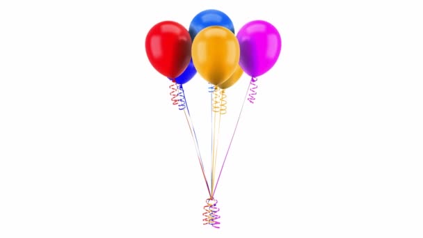 veelkleurige partij ballonnen met linten lus draaien op witte achtergrond - Video