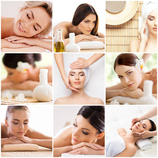 Traditional massage and healthcare treatment in spa. Young, beautiful and healthy girls having recreation therapy. Collage collection. - Фото, зображення