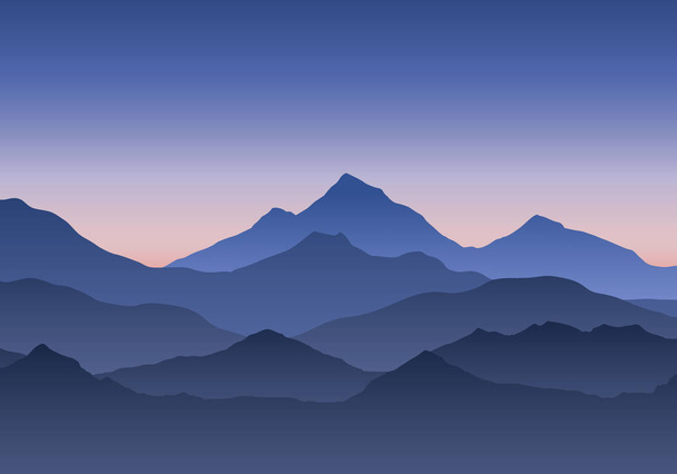 Illustration der Berglandschaft unter blauem Morgen- oder Abendhimmel mit Sonnenaufgang oder Sonnenuntergang - Vektor - Vektor, Bild