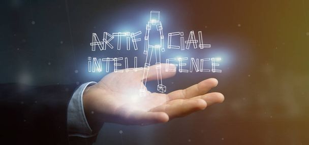 View of a Businessman holding an artificial inteligence robot made of light 3d rendering - 写真・画像