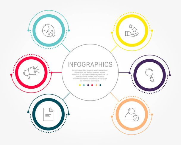 Modern flat vector illustration. Template of circular infographics with six elements, circles. Contains text and icons. Designed for business, presentations, web design, diagrams with 6 steps. - Vektor, kép