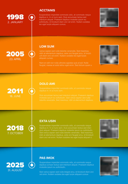 Vektorový Infographic společnosti milníky šablona časová osa s foto symboly na vodorovné pruhy barev - Vektor, obrázek