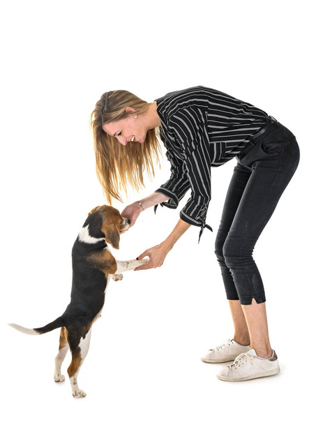beagle dog and woman in front of white background - Photo, Image