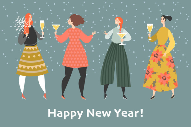 New Year greeting card. Girls at a party. Happy friends celebrate the coming of the new year together - Vector, Image