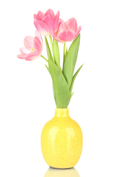 Pink tulips in bright vase, isolated on white - Foto, imagen
