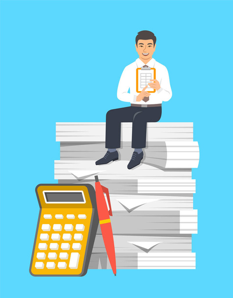 Λογιστής στο επαγγελματικό κοστούμι κάθεται σε στοίβα χαρτιών. Έννοια υπολογισμού πληρωμής φόρου. Λογιστικών εγγράφων με αριθμομηχανή και στυλό. Επίπεδη εικονογράφηση φορέα. Οικονομικές καταστάσεις αλληγορία - Διάνυσμα, εικόνα