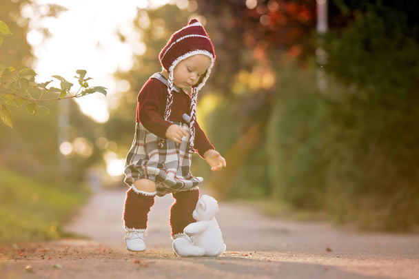 Fashionable little toddler boy with knitted outfit, walking in autumn park with plush toy  in hands on sunset - Foto, Imagen