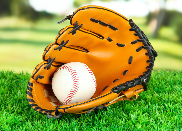 Baseball glove and ball on grass in park - Valokuva, kuva