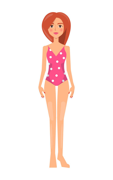 Woman in Joint Red Swimsuit in White Dots Vector - Vektör, Görsel