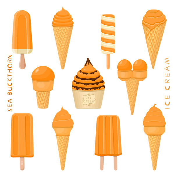 Векторная иллюстрация для натурального морского облепихового мороженого на палочке, в бумажных мисках, вафельных конусах. Мороженое, состоящее из сладкого холодного мороженого леденец, набор вкусный замороженный десерт. Ледяные потоки из облепихи
 - Вектор,изображение