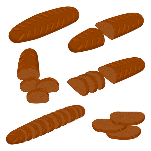 Векторна ілюстрація набору запеченого хліба, темної житньої цегли, м'якого багета для хлібобулочних виробів. Хліб, що складається з хлібобулочних виробів з натуральної смачної пшеничної їжі в нарізаних тостах. Хлібобулочний свіжий хліб з різними видами
 - Вектор, зображення