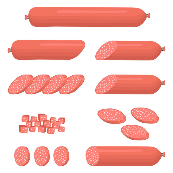 Vector pictogram illustratie logo voor instellen hele worst, salami, Snijd varkensvlees ham. Worst patroon bestaande uit natuurlijke lekker eten-vlees, halve frankfurter. Eet vers rauw gerookt rundvlees worst op gezondheid. - Vector, afbeelding