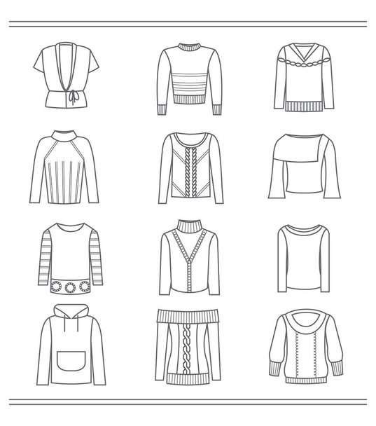 Joukko ääriviivat villapaitoja naisille ja tytöille, syksyn ja talven malleja, eristetty valkoisella taustalla
 - Vektori, kuva