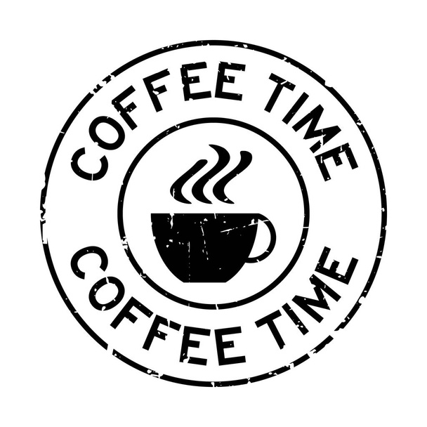 Grunge palavra tempo café preto com ícone copo rodada selo de borracha no fundo branco
 - Vetor, Imagem