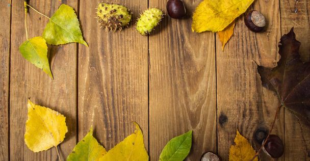sfondo in legno con foglie e castagne stile autunno
 - Foto, immagini