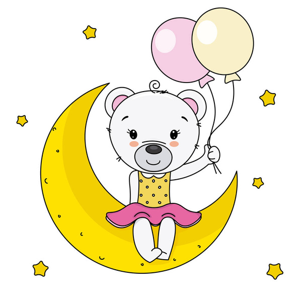 baby shower girl. cute bear sitting on the moon - Vector, afbeelding
