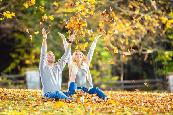 A loving couple in an autumn park lies on the leaves. - Φωτογραφία, εικόνα