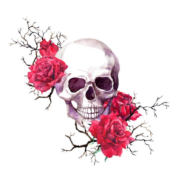 Human skull in branches, red rose flowers. Watercolor for Halloween - Fotografie, Obrázek