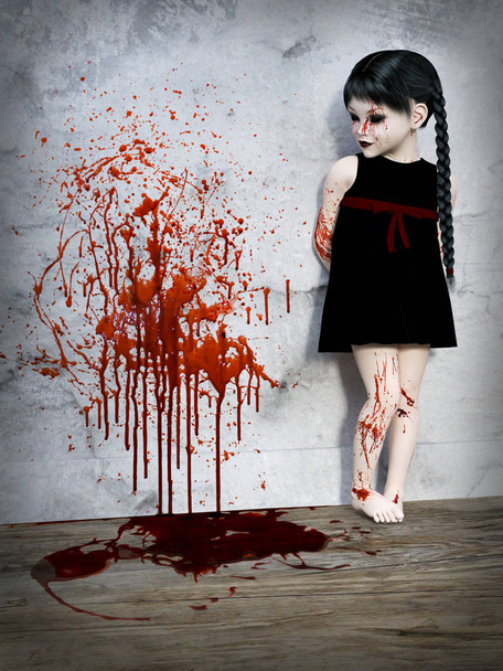 renderowania 3D zło gothic patrzenia, krwi pokryte małych dziewczynę stojącą z rozpryski krwi na ścianie obok niej. - Zdjęcie, obraz