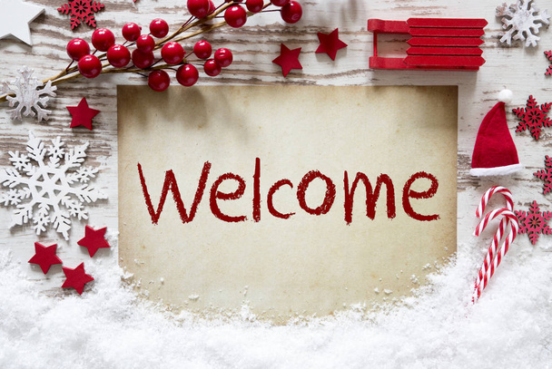 Red Christmas Decoration, Snow, English Text Welcome - Foto, afbeelding