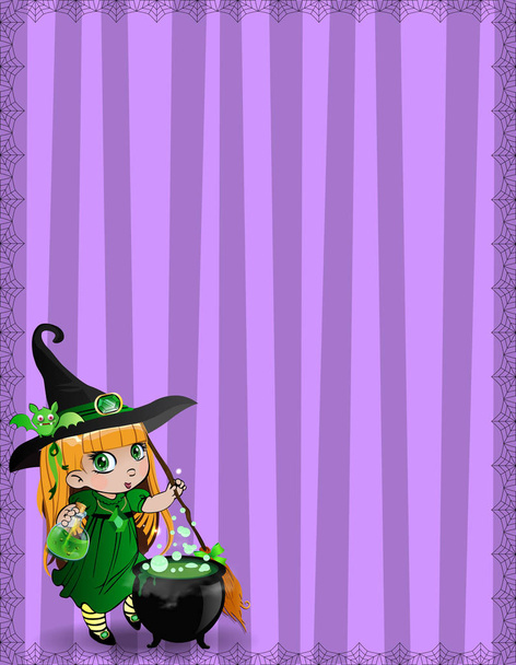 Halloween template with little baby witch girl, bat and cauldron framed with spider cobweb on striped violet background. Flyer, invitation, greeting card with copy space for text. Vector illustration. - Vector, imagen