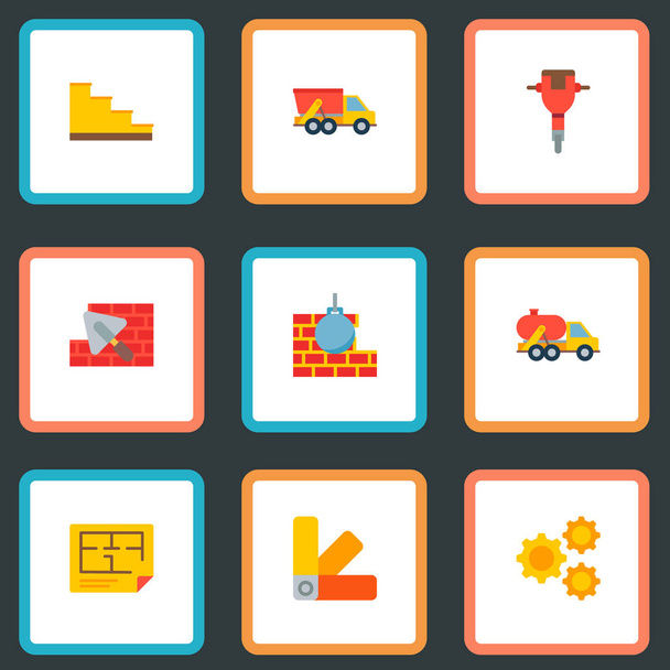 Набір промислових піктограм символів плоского стилю з вантажівкою, машинами, сходами та іншими піктограмами для дизайну логотипу вашого мобільного додатка
. - Вектор, зображення
