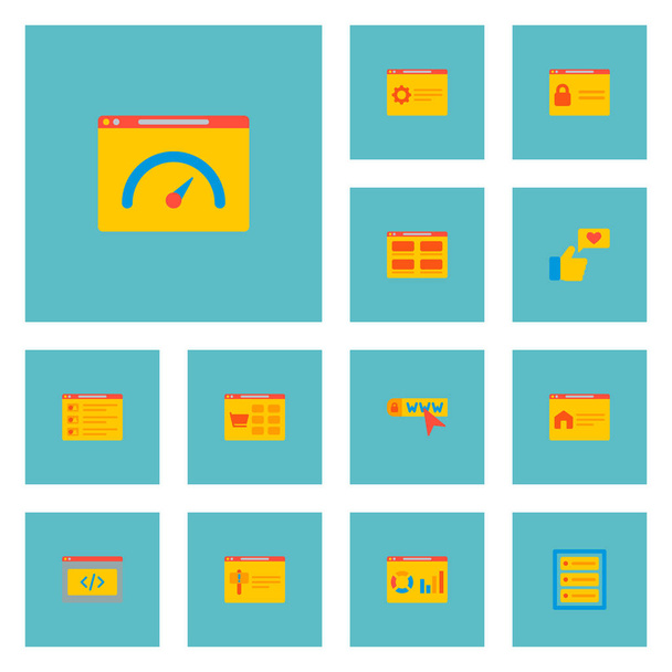 Set di icone di sviluppo del sito web simboli in stile piatto con analisi del sito web, pagina del portafoglio, pagina di supporto e altre icone per la progettazione del logo dell'app mobile web
. - Foto, immagini