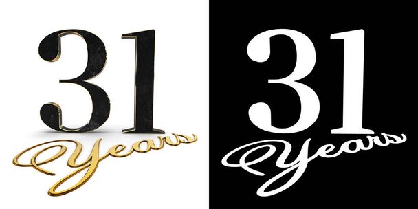Número de oro treinta y uno (número 31) y los años de inscripción con sombra de gota y canal alfa. Ilustración 3D
. - Foto, Imagen