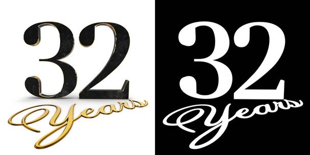 Gouden getal tweeëndertig (nummer 32) en de inscriptie jaren met slagschaduw en alpha-kanaal. 3D illustratie. - Foto, afbeelding