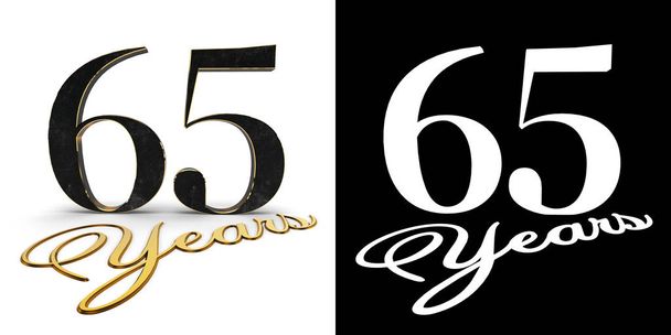 Gouden getal vijfenzestig (nummer 65) en de inscriptie jaren met slagschaduw en alpha-kanaal. 3D illustratie. - Foto, afbeelding