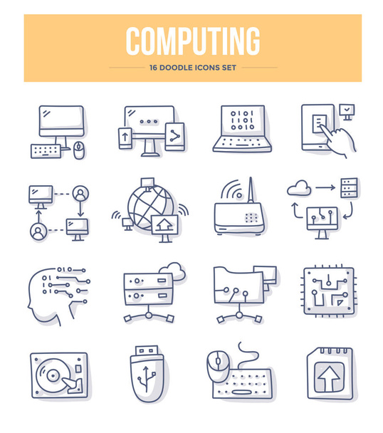 Computing and networking doodle vector icons set. Computer devices for communication, sharing and storing information  - Vector, Image