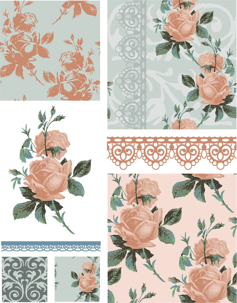 Vintage Rose Floral Seamless Patterns. - Vector, Image