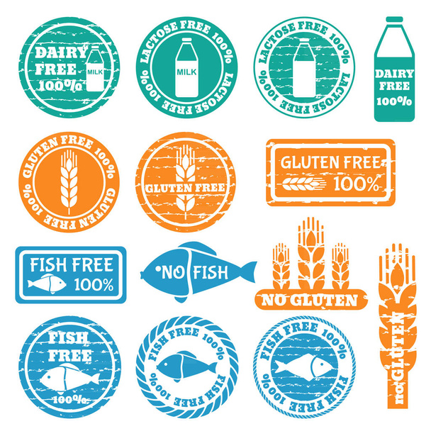  Набор гранж-марок с иконками аллергенов. Глютен, рыба, молочные продукты, иконы без лактозы. Векторная иллюстрация
 - Вектор,изображение