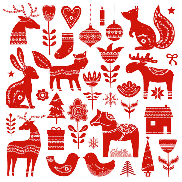 Christmas  hand drawn elements in Scandinavian style with ornament. Vector illustration - Вектор,изображение
