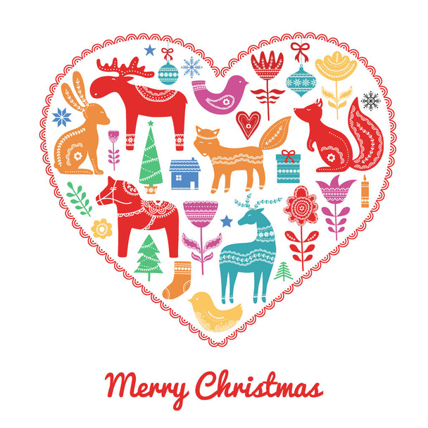 Christmas  hand drawn elements in Scandinavian style with ornament in heart. Vector illustration - Vetor, Imagem