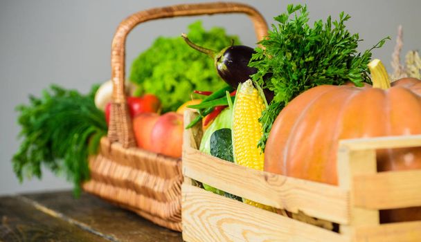 Fresh organic vegetables in wicker basket and wooden box. Fall harvest concept. Autumn harvest organic crops pumpkin corn vegetables. Vegetables from garden or farm close up. Homegrown vegetables - Φωτογραφία, εικόνα