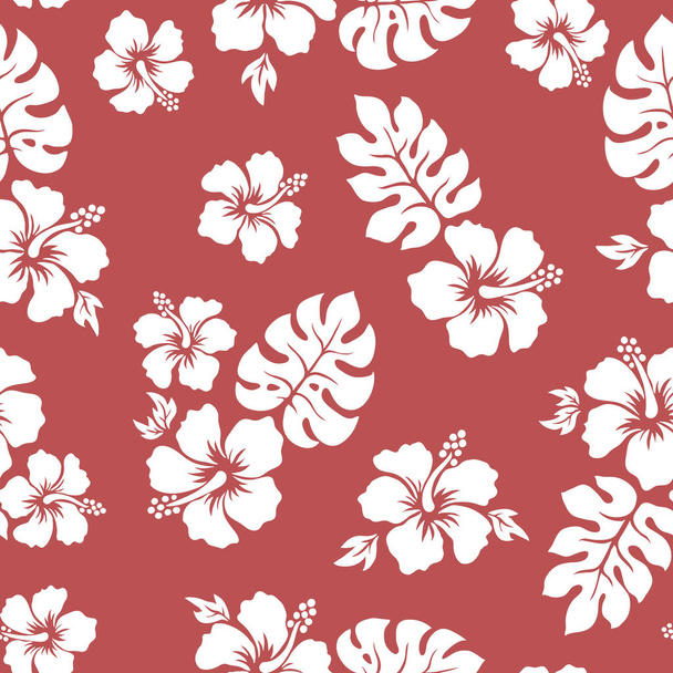 Tropical background with hibiscus flowers. Seamless hawaiian pattern. Exotic vector illustration - Vektör, Görsel