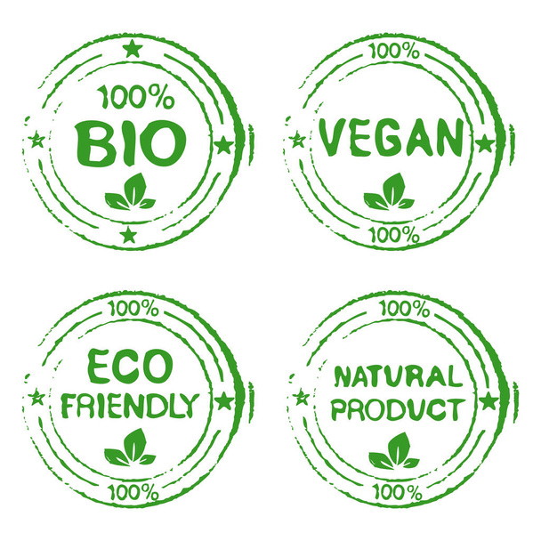 Set van postzegels voor Bio, Eco-Friendly, veganistisch of natuurlijke producten - vectorillustratie - Vector, afbeelding