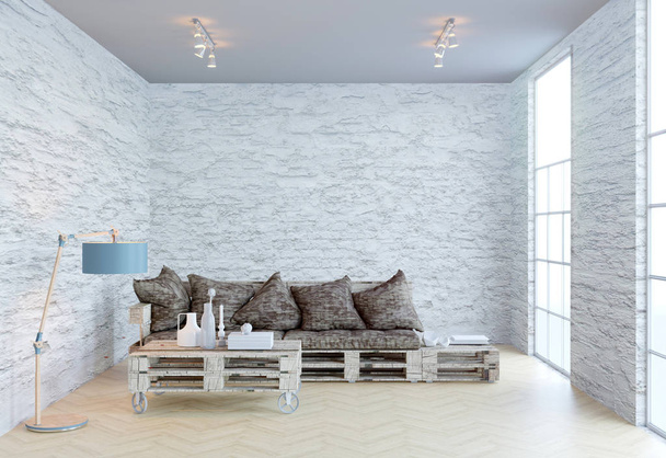 τρισδιάστατη απεικόνιση του νέο εσωτερικό σαλόνι με καναπέ παλέτες και μεγάλα παράθυρα - Φωτογραφία, εικόνα