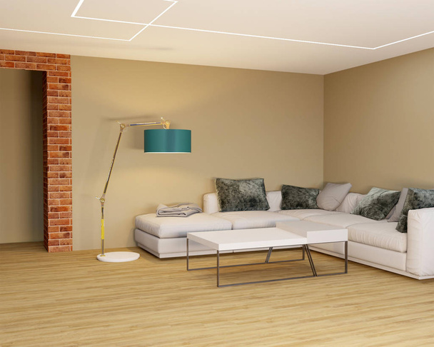 Rendering 3d del soggiorno con divano bianco e arco in mattoni
. - Foto, immagini